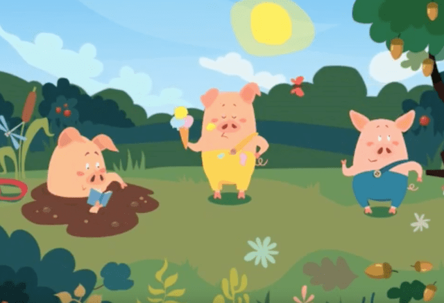 Screenshot of three pigs video featuring the voice of Rachel Alena